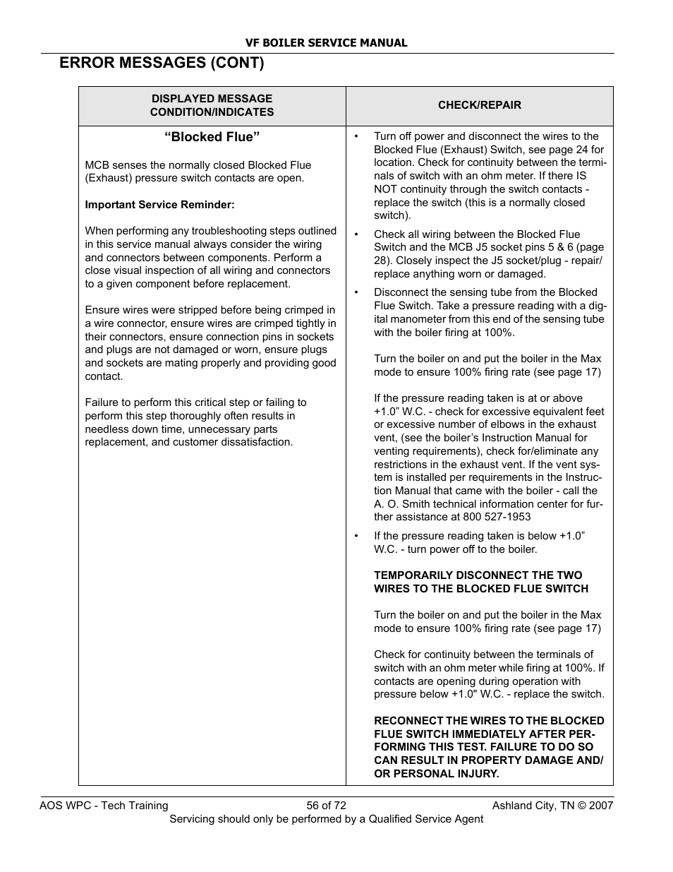 Error messages (cont) | A.O. Smith TC-099 User Manual | Page 57 / 74