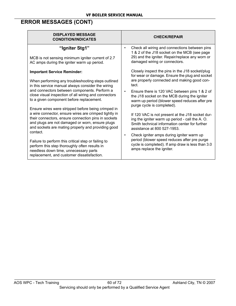 Error messages (cont) | A.O. Smith TC-099 User Manual | Page 61 / 74