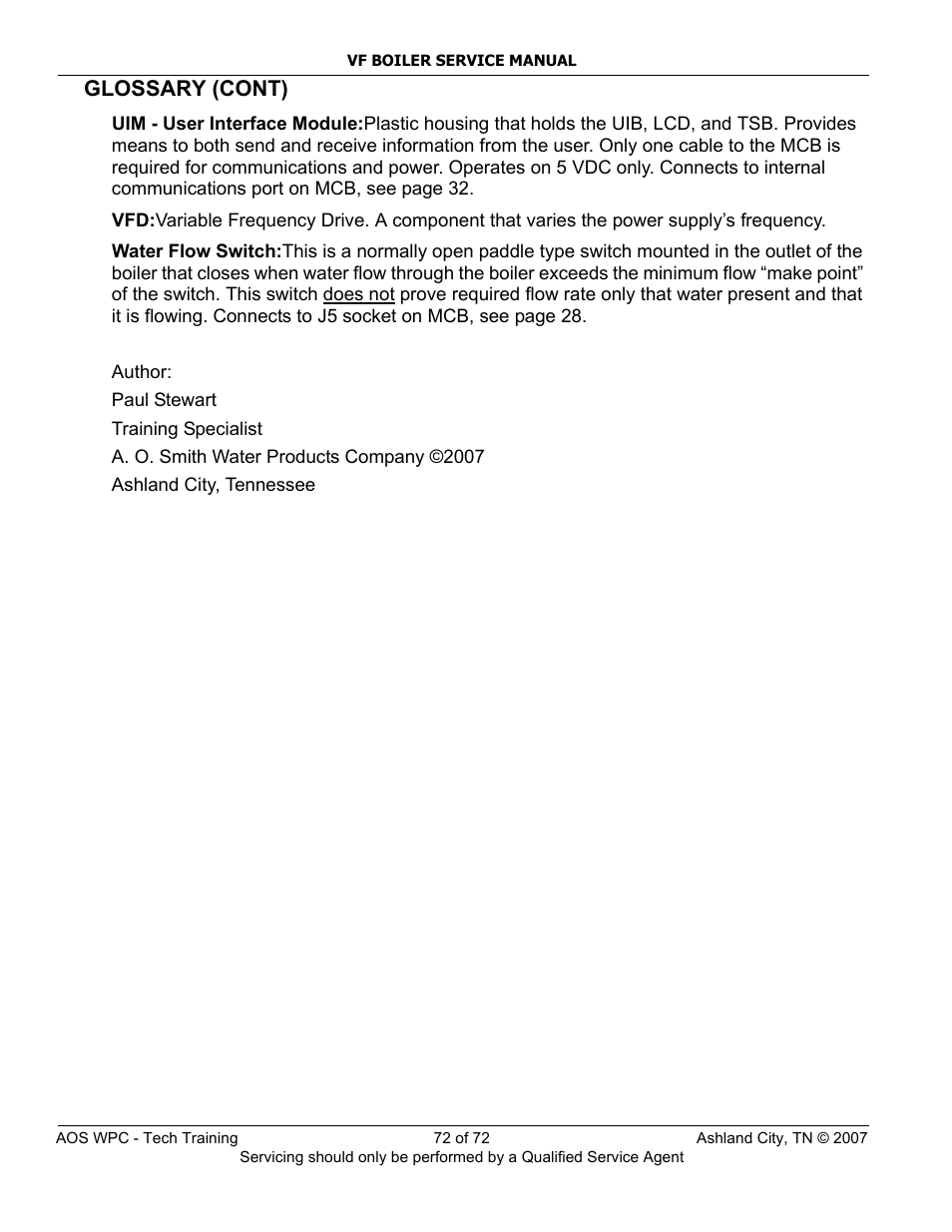 Glossary (cont) | A.O. Smith TC-099 User Manual | Page 73 / 74