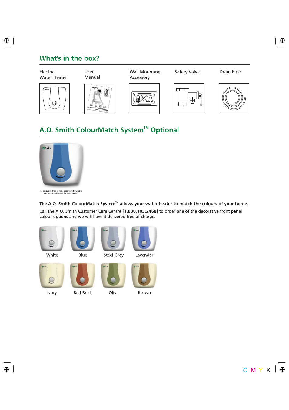 What's in the box, A.o. smith colourmatch system optional | A.O. Smith 10 User Manual | Page 2 / 11