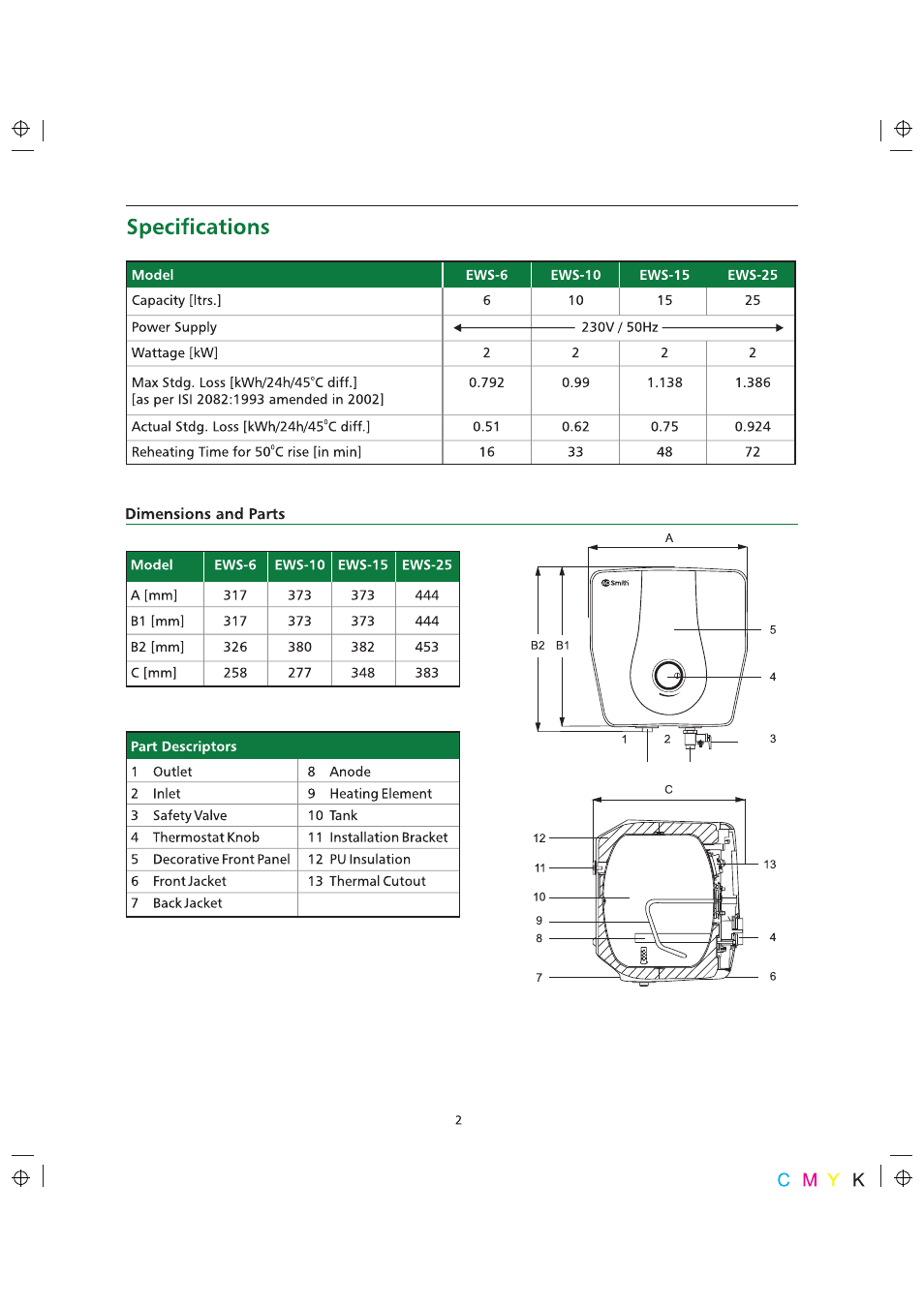 Specifications, Dimensions and parts | A.O. Smith 10 User Manual | Page 4 / 11