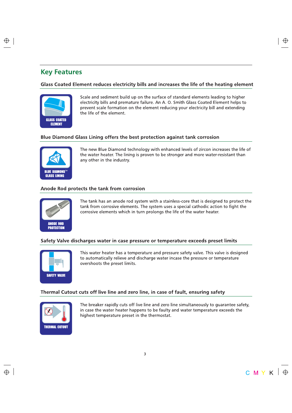 Key features, Anode rod protects the tank from corrosion | A.O. Smith 10 User Manual | Page 5 / 11