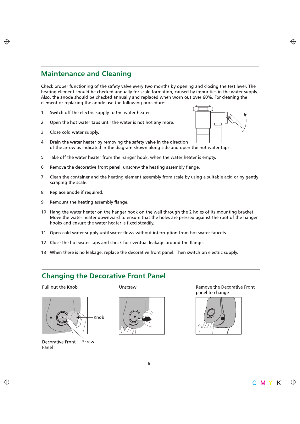Maintenance and cleaning, Changing the decorative front panel | A.O. Smith 10 User Manual | Page 8 / 11