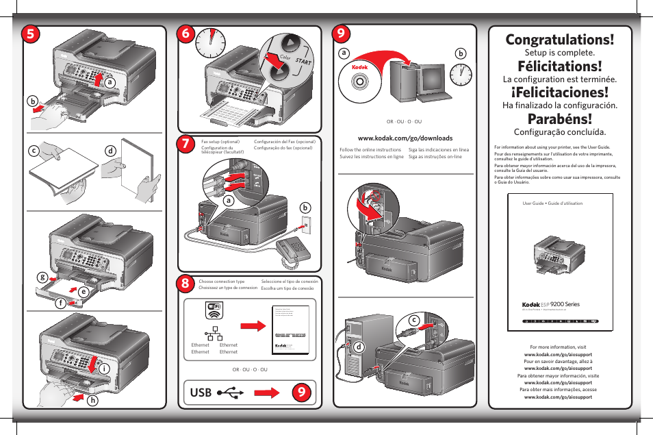 Félicitations, Felicitaciones, Parabéns | Setup is complete, La configuration est terminée, Ha finalizado la configuración, Configuração concluída | Kodak ESP 9250 User Manual | Page 2 / 2