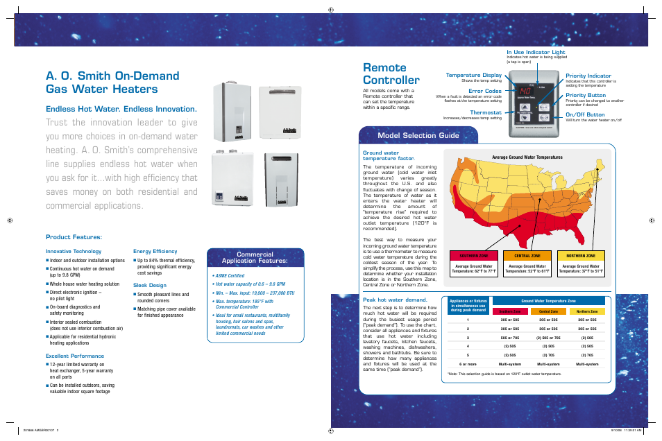 Endless hot water. endless innovation, Model selection guide, Product features: commercial application features | A.O. Smith ATO-705N User Manual | Page 2 / 2