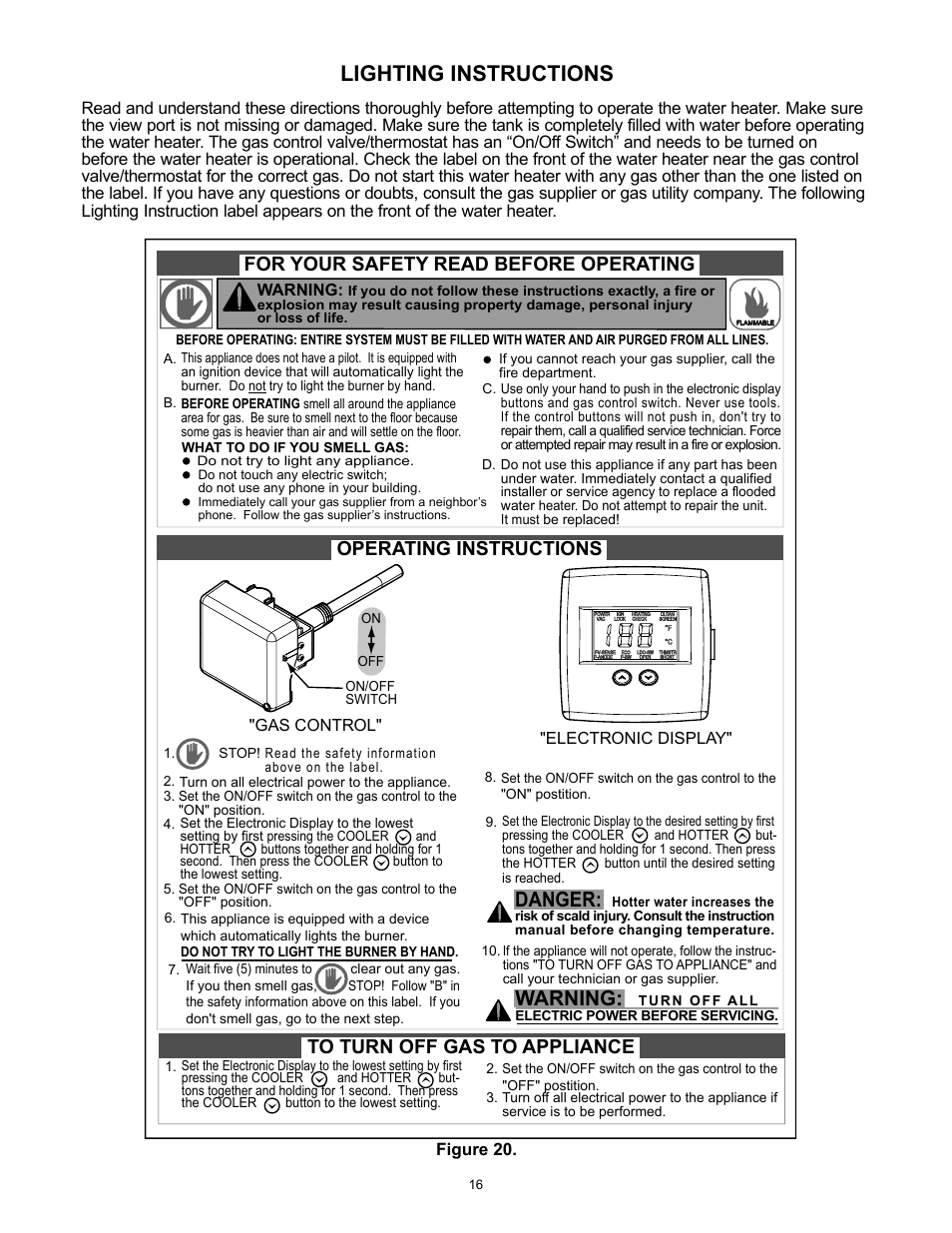 Lighting instructions, Danger, Warning | A.O. Smith 12 40GPC T 100 User Manual | Page 16 / 56