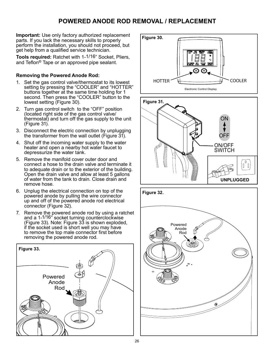 Powered anode rod removal / replacement | A.O. Smith 12 40GPC T 100 User Manual | Page 26 / 56
