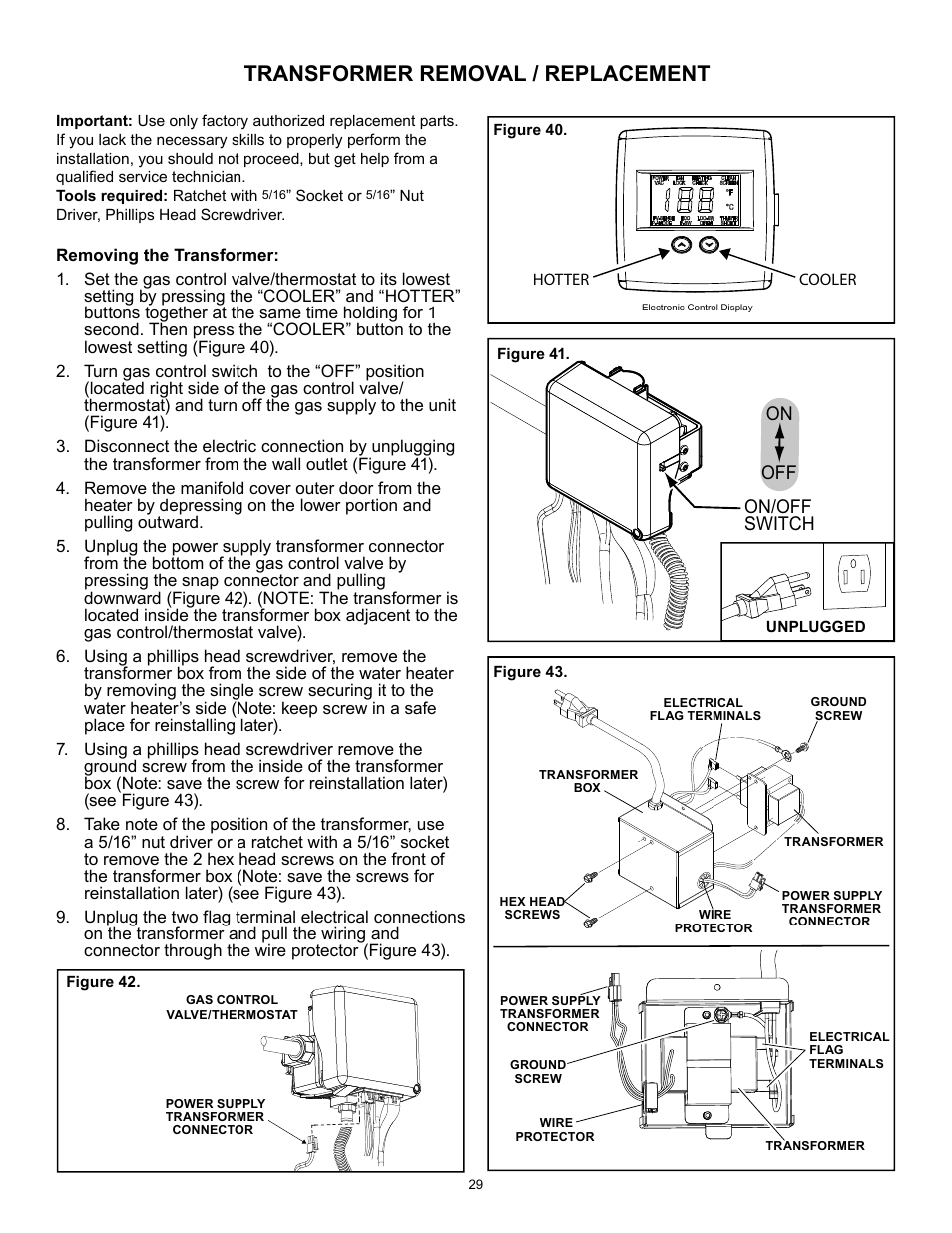 Transformer removal / replacement, On/off switch on off | A.O. Smith 12 40GPC T 100 User Manual | Page 29 / 56