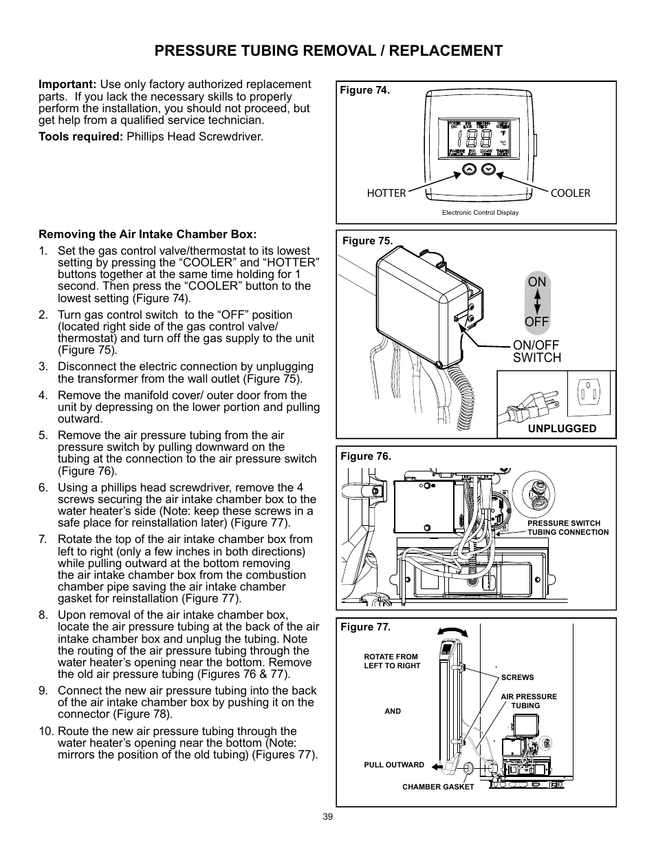 Pressure tubing removal / replacement | A.O. Smith 12 40GPC T 100 User Manual | Page 39 / 56