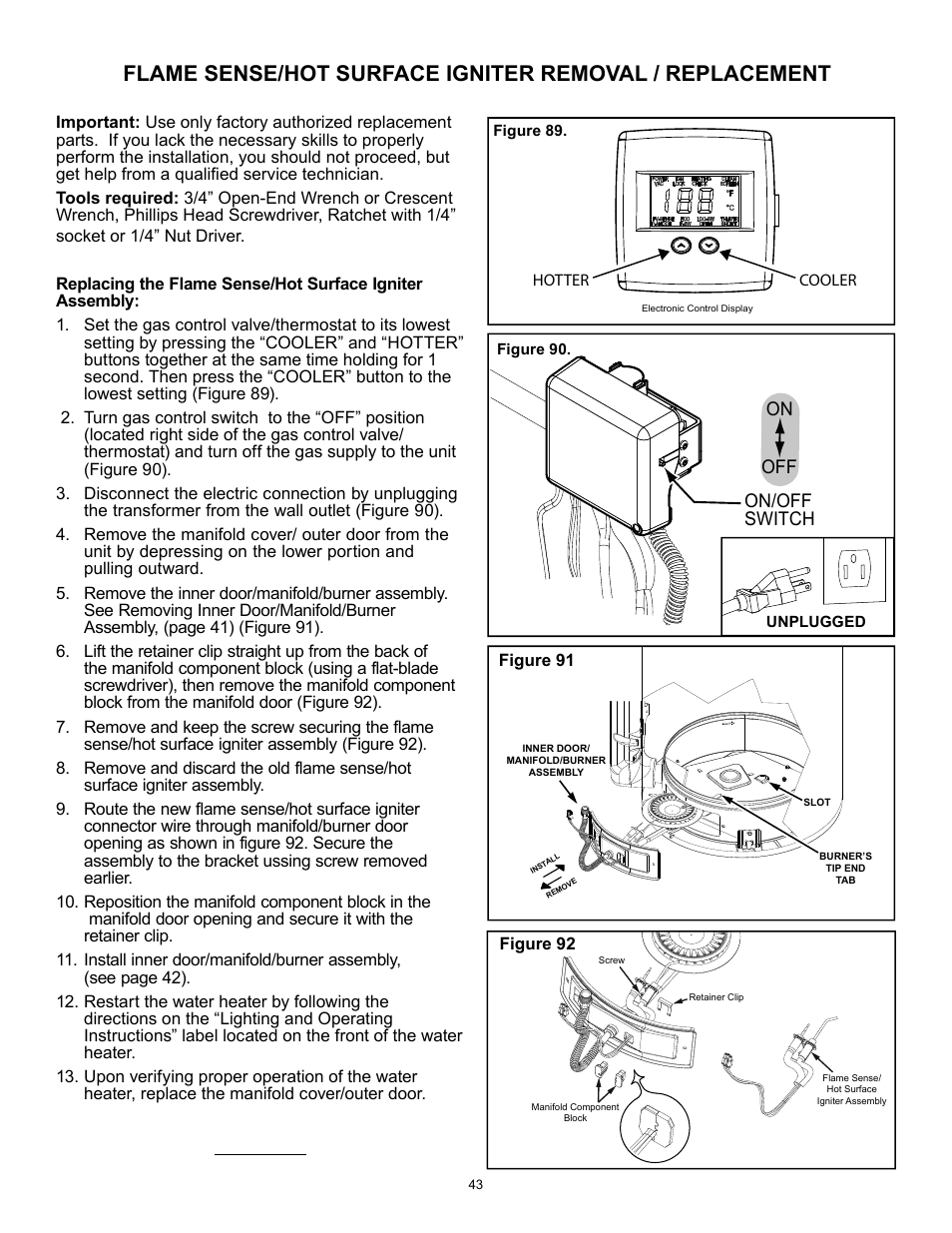 On/off switch on off | A.O. Smith 12 40GPC T 100 User Manual | Page 43 / 56