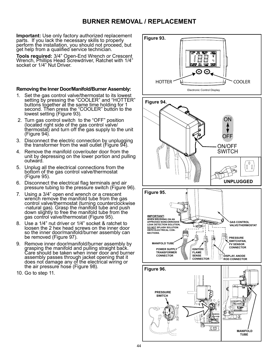 Burner removal / replacement, On/off switch on off | A.O. Smith 12 40GPC T 100 User Manual | Page 44 / 56