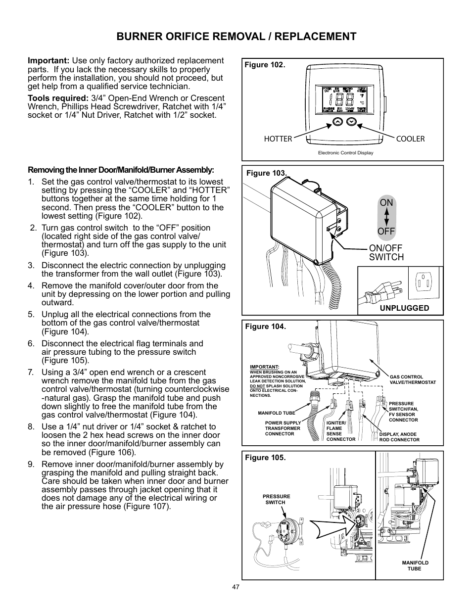 Burner orifice removal / replacement, On/off switch on off | A.O. Smith 12 40GPC T 100 User Manual | Page 47 / 56