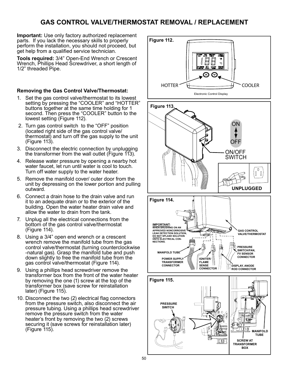Gas control valve/thermostat removal / replacement, On/off switch on off | A.O. Smith 12 40GPC T 100 User Manual | Page 50 / 56