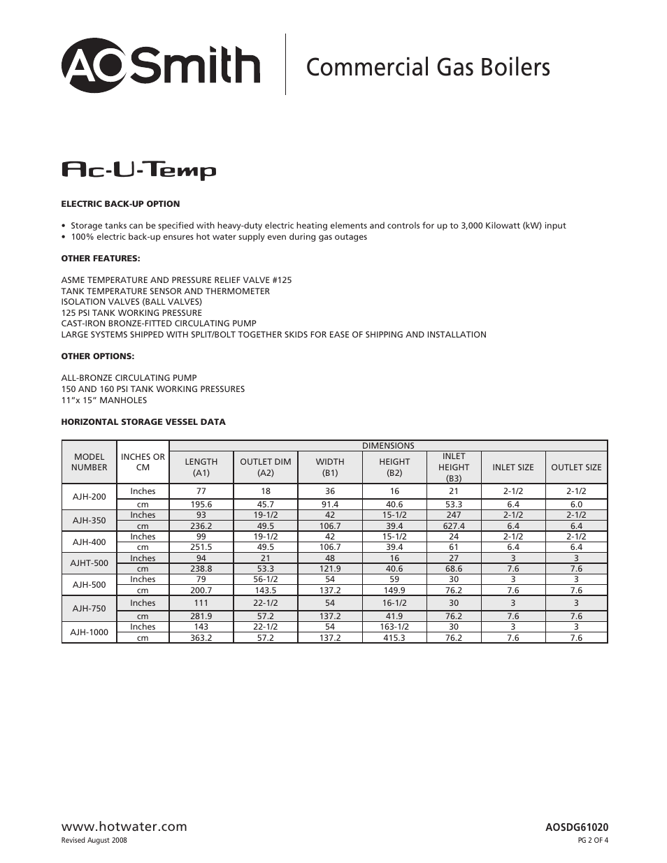 Commercial gas boilers | A.O. Smith GWT-300 User Manual | Page 2 / 4