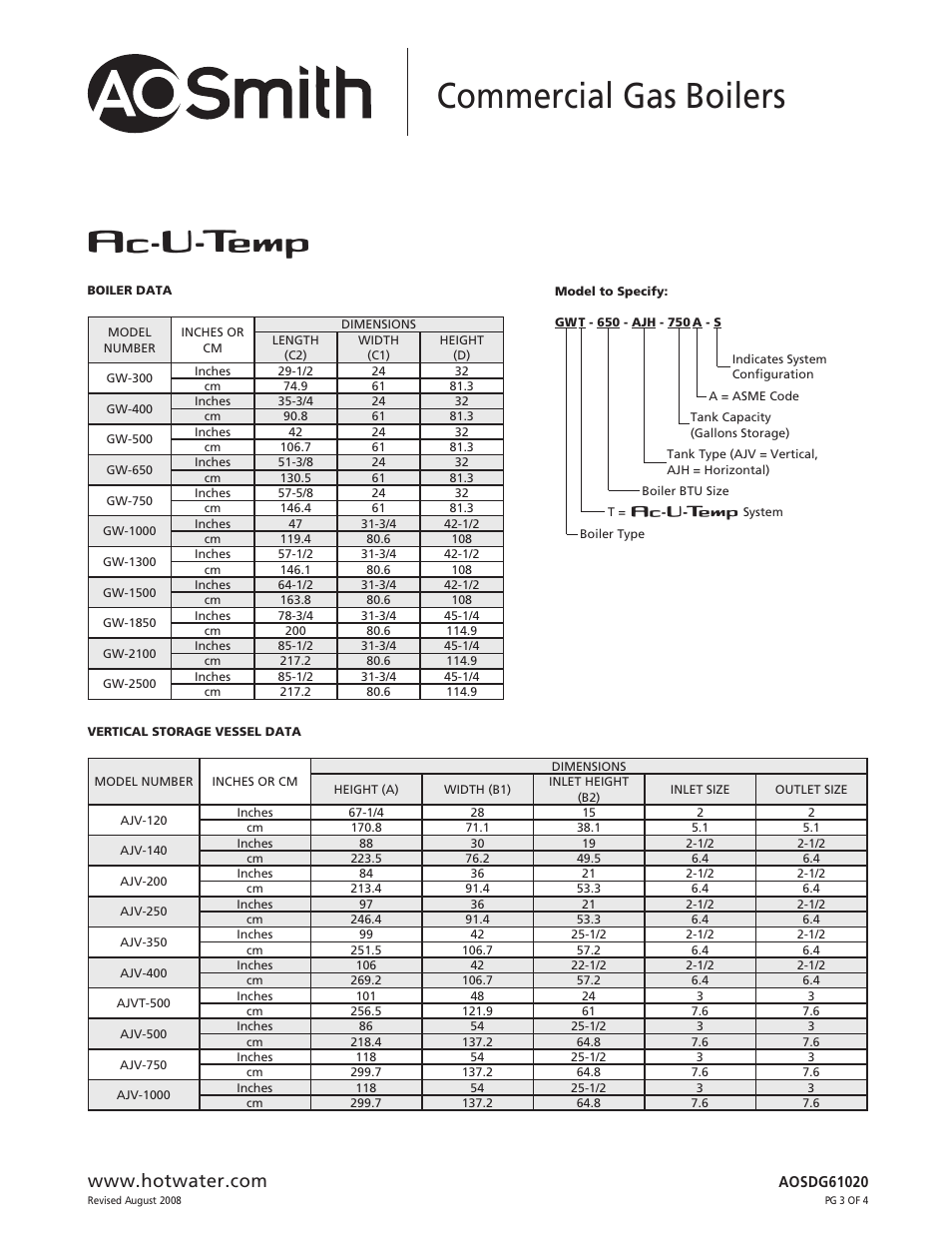 Commercial gas boilers | A.O. Smith GWT-300 User Manual | Page 3 / 4