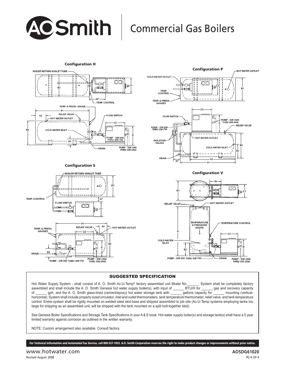 Commercial gas boilers | A.O. Smith GWT-300 User Manual | Page 4 / 4