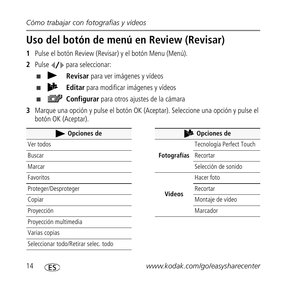 Uso del botón de menú en review (revisar) | Kodak Z1085 IS User Manual | Page 14 / 30