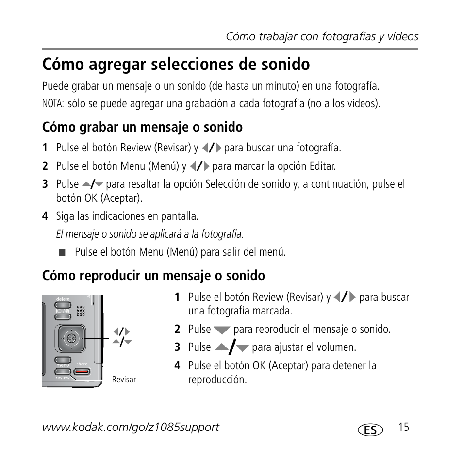Cómo agregar selecciones de sonido, Cómo grabar un mensaje o sonido, Cómo reproducir un mensaje o sonido | Kodak Z1085 IS User Manual | Page 15 / 30