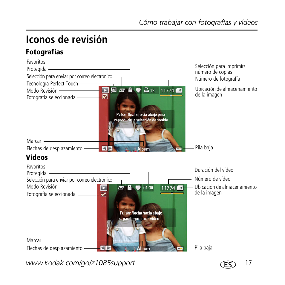 Iconos de revisión, Fotografías vídeos | Kodak Z1085 IS User Manual | Page 17 / 30