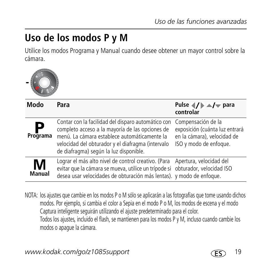 Uso de los modos p y m | Kodak Z1085 IS User Manual | Page 19 / 30