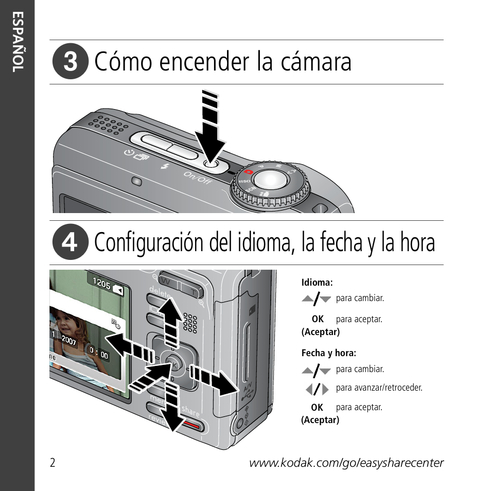 Cómo encender la cámara, Configuración del idioma, la fecha y la hora | Kodak Z1085 IS User Manual | Page 2 / 30
