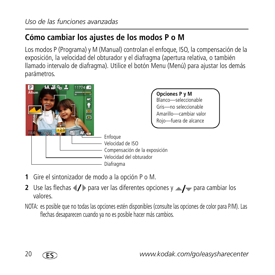 Cómo cambiar los ajustes de los modos p o m | Kodak Z1085 IS User Manual | Page 20 / 30