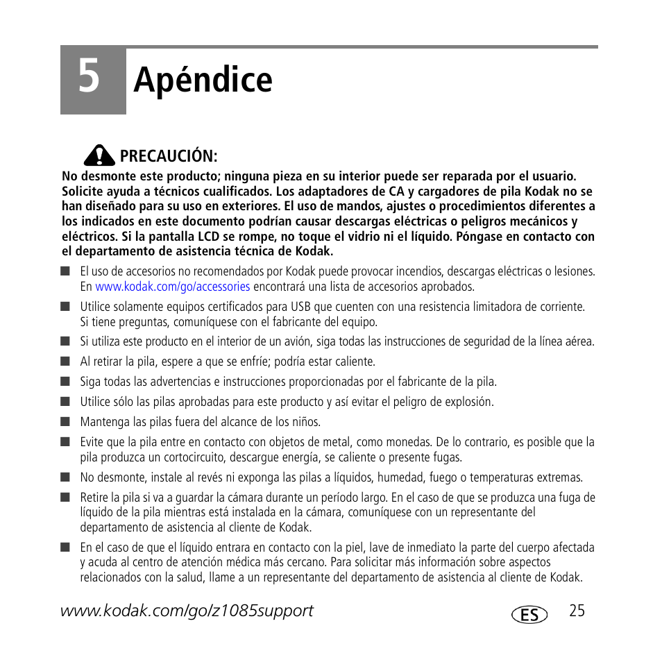 Apéndice | Kodak Z1085 IS User Manual | Page 25 / 30