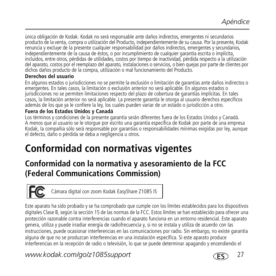 Conformidad con normativas vigentes | Kodak Z1085 IS User Manual | Page 27 / 30