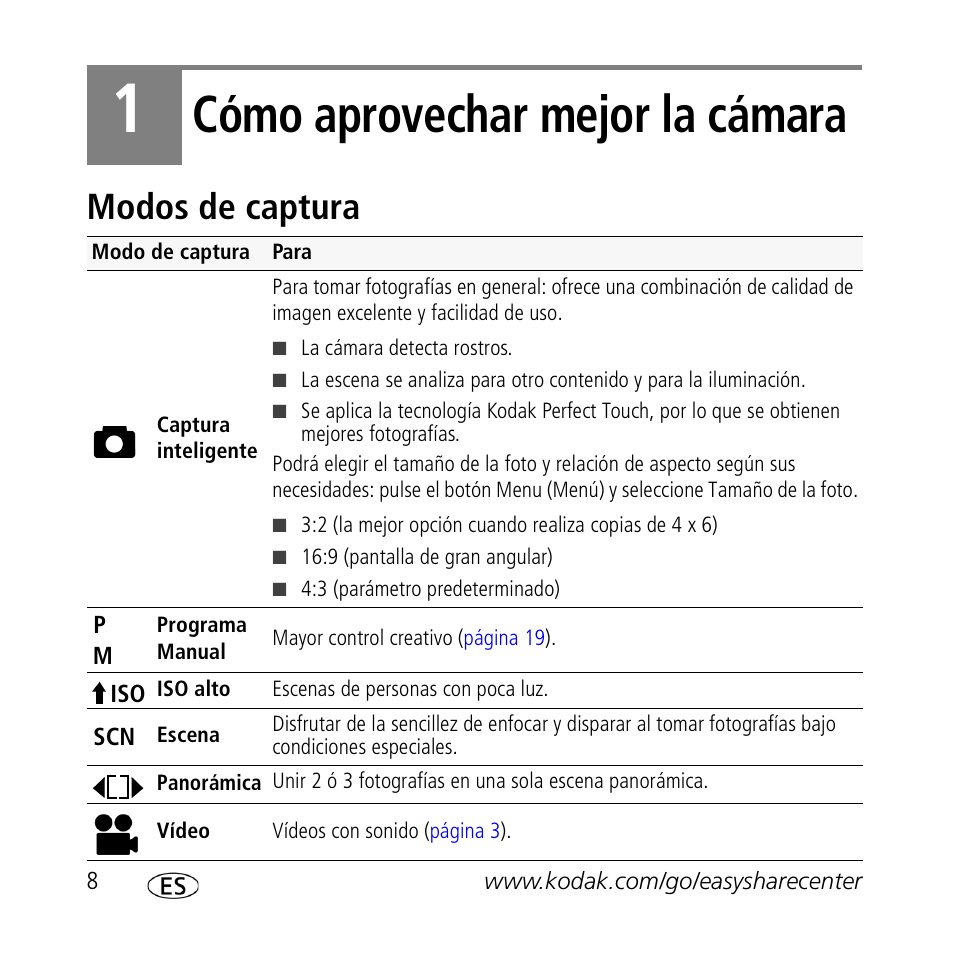 Cómo aprovechar mejor la cámara, Modos de captura | Kodak Z1085 IS User Manual | Page 8 / 30