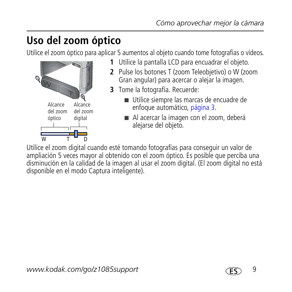 Uso del zoom óptico | Kodak Z1085 IS User Manual | Page 9 / 30