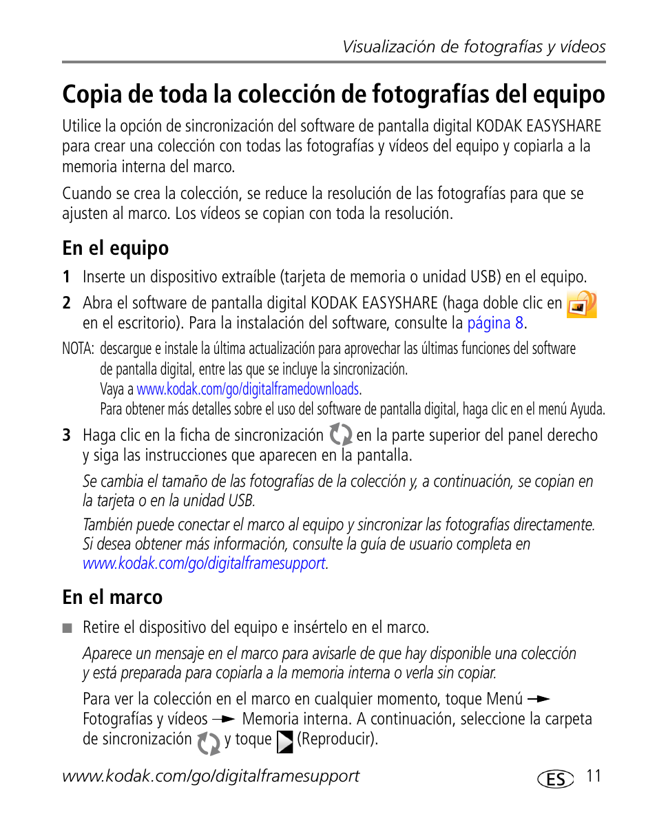 En el equipo, En el marco | Kodak S730 User Manual | Page 13 / 34
