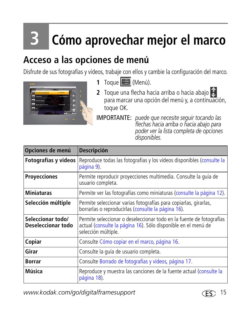 Cómo aprovechar mejor el marco, Acceso a las opciones de menú | Kodak S730 User Manual | Page 17 / 34