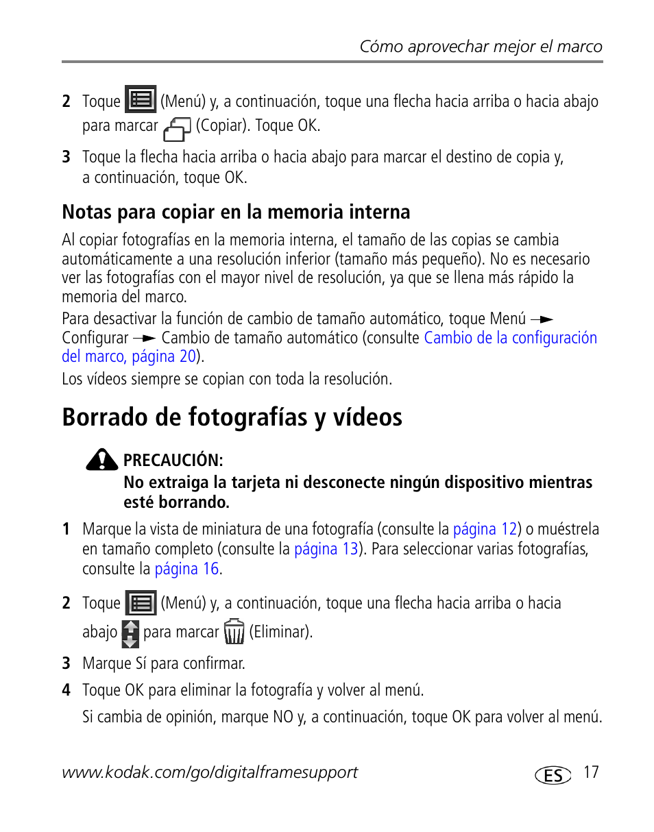 Notas para copiar en la memoria interna, Borrado de fotografías y vídeos | Kodak S730 User Manual | Page 19 / 34