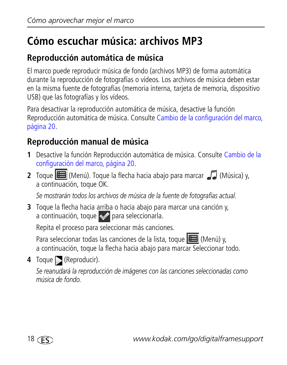 Cómo escuchar música: archivos mp3, Reproducción automática de música, Reproducción manual de música | Consulte la | Kodak S730 User Manual | Page 20 / 34