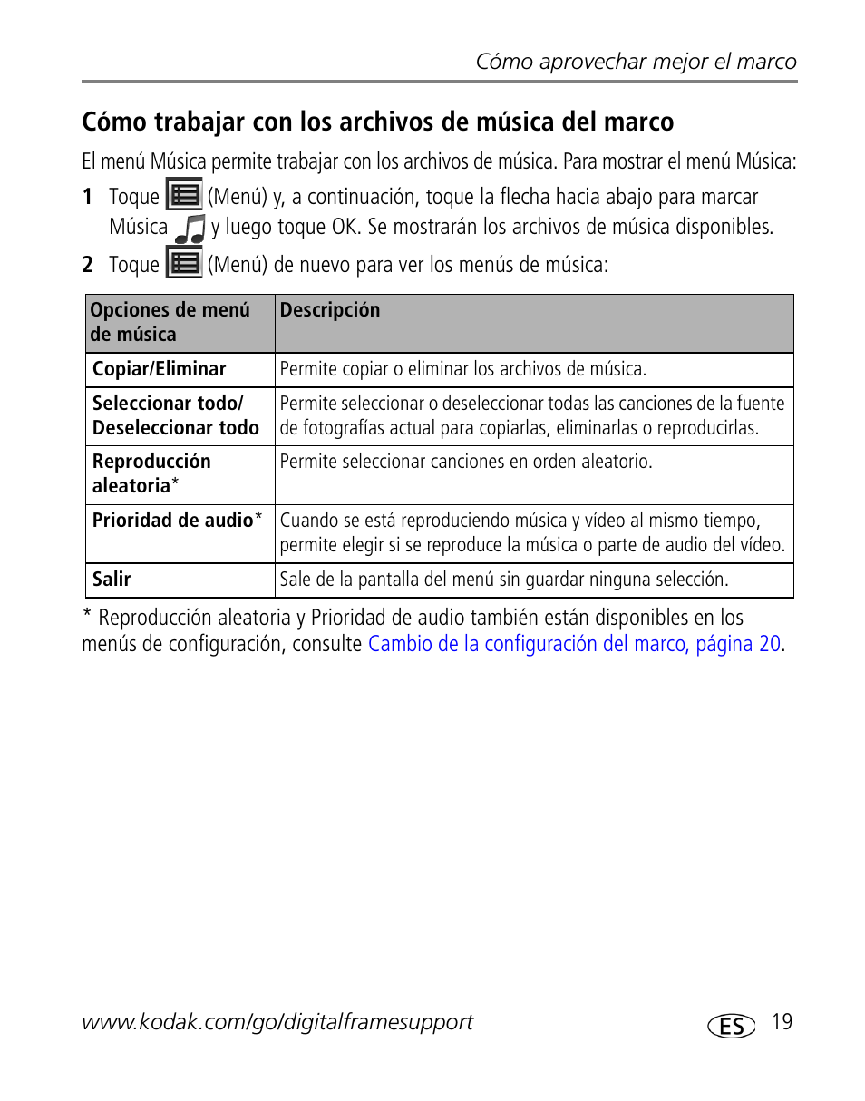 Cómo trabajar con los archivos de música del marco | Kodak S730 User Manual | Page 21 / 34