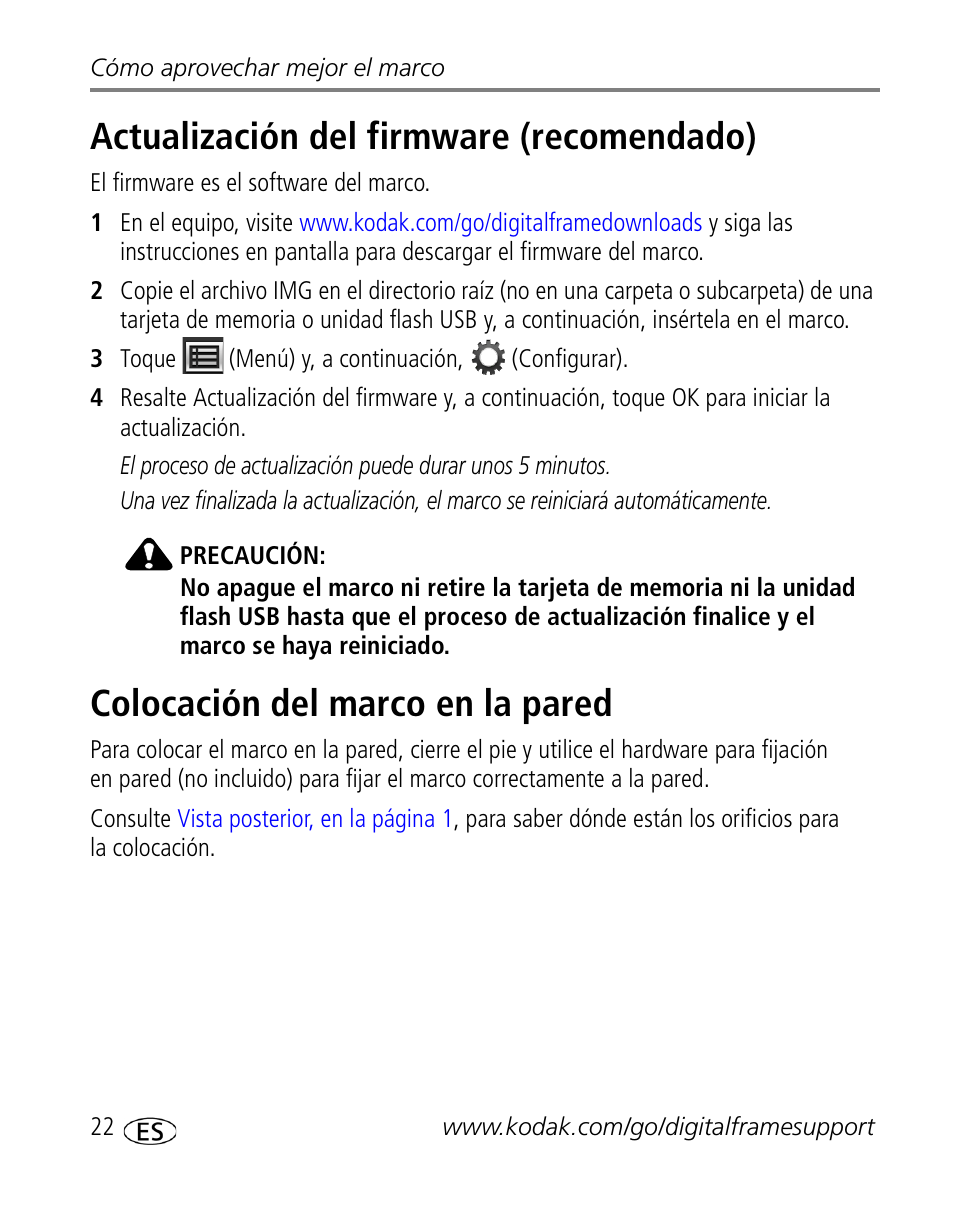 Actualización del firmware (recomendado), Colocación del marco en la pared | Kodak S730 User Manual | Page 24 / 34