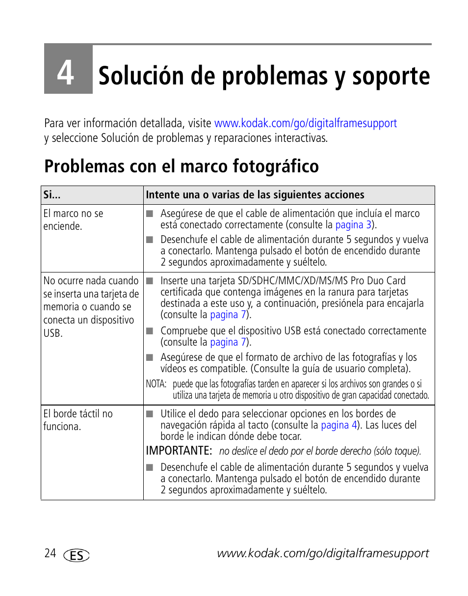 Solución de problemas y soporte, Problemas con el marco fotográfico | Kodak S730 User Manual | Page 26 / 34