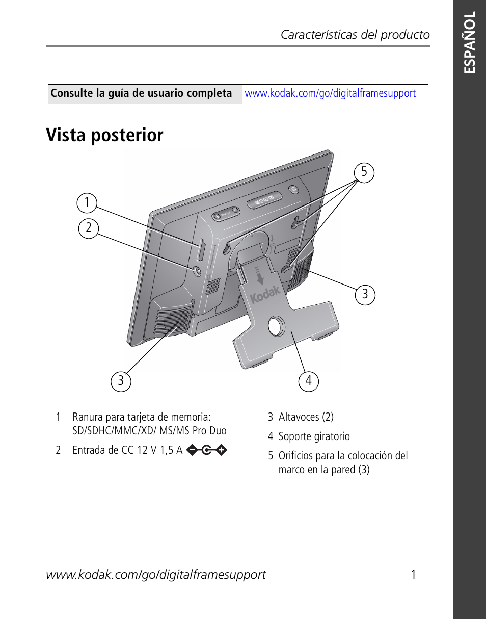 Características del producto, Vista posterior | Kodak S730 User Manual | Page 3 / 34