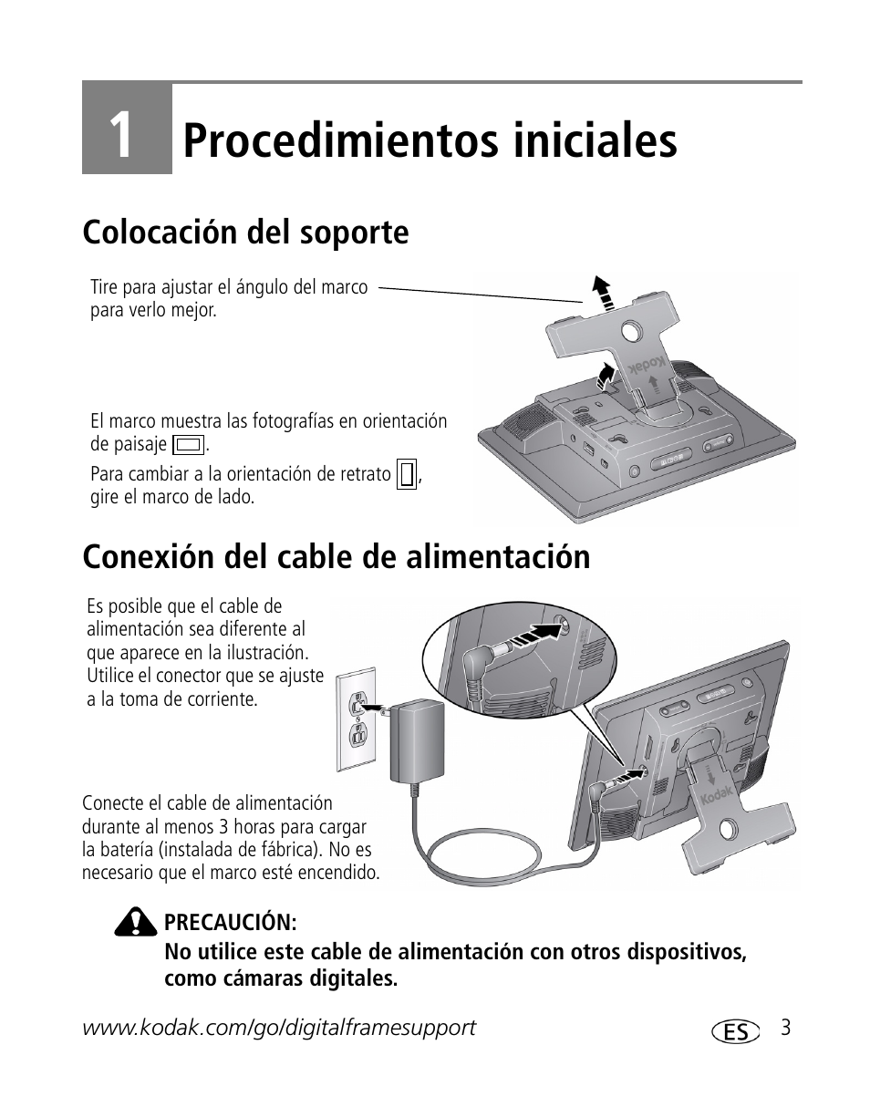 Procedimientos iniciales, Colocación del soporte, Conexión del cable de alimentación | Kodak S730 User Manual | Page 5 / 34