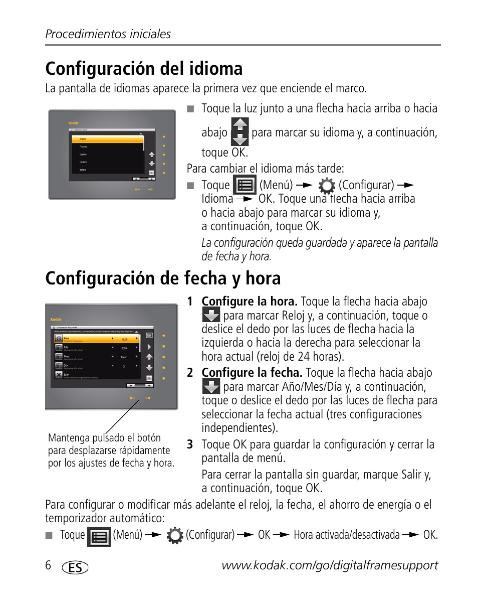 Configuración del idioma, Configuración de fecha y hora | Kodak S730 User Manual | Page 8 / 34