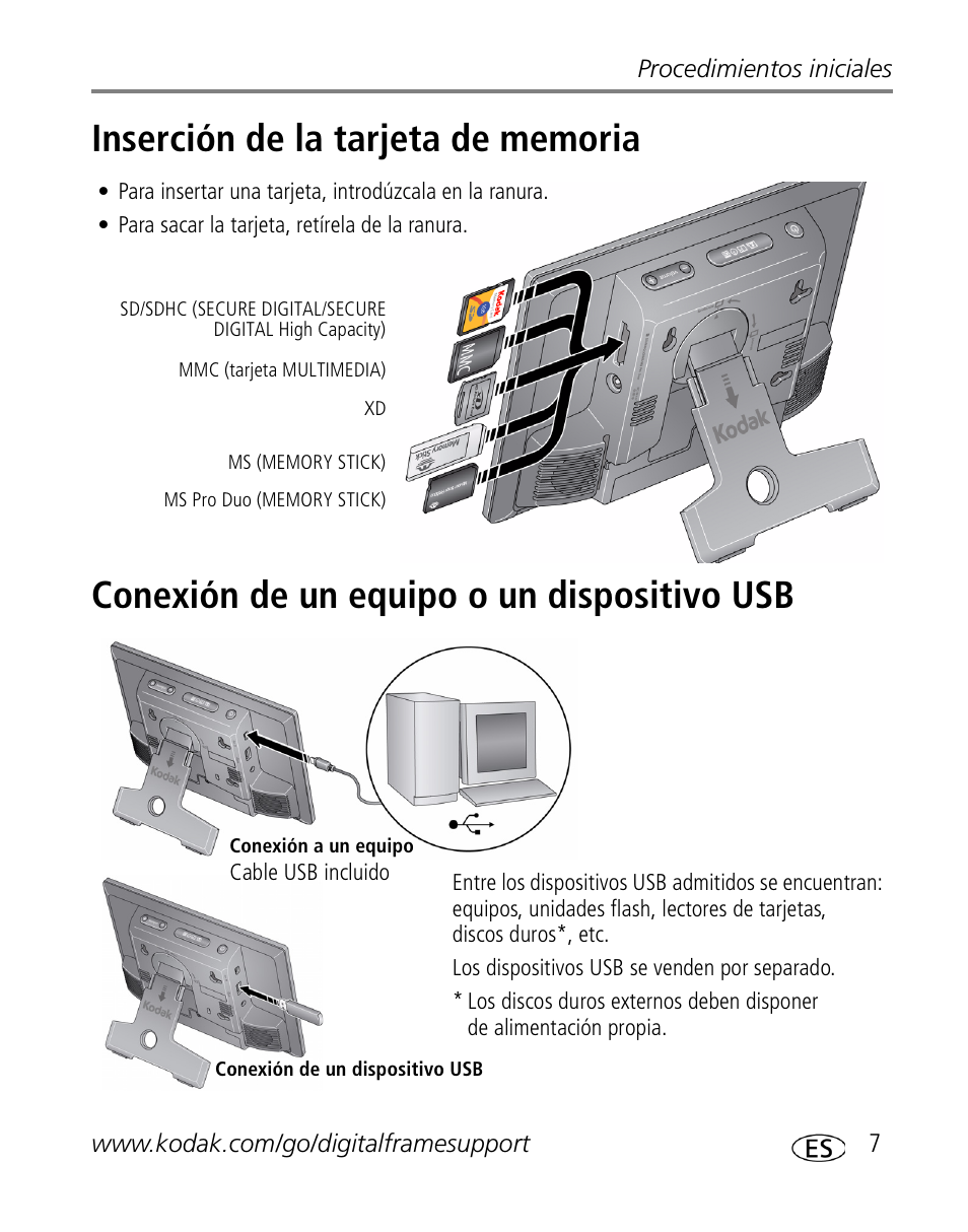 Inserción de la tarjeta de memoria, Conexión de un equipo o un dispositivo usb | Kodak S730 User Manual | Page 9 / 34