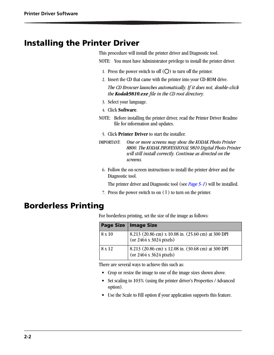 Installing the printer driver, Borderless printing | Kodak 9810 User Manual | Page 16 / 52