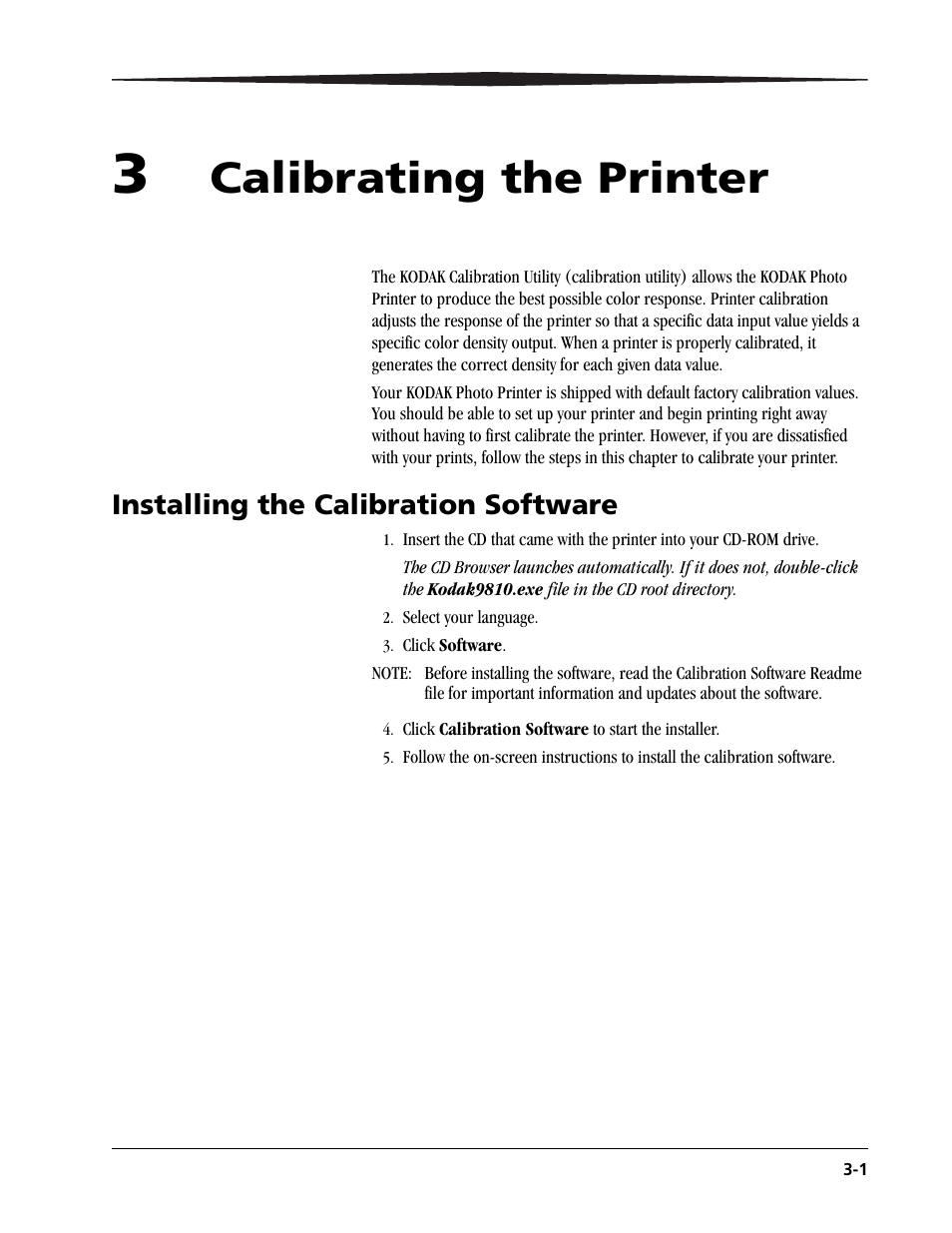 3 calibrating the printer, Installing the calibration software, Installing the calibration software -1 | Calibrating the printer | Kodak 9810 User Manual | Page 25 / 52