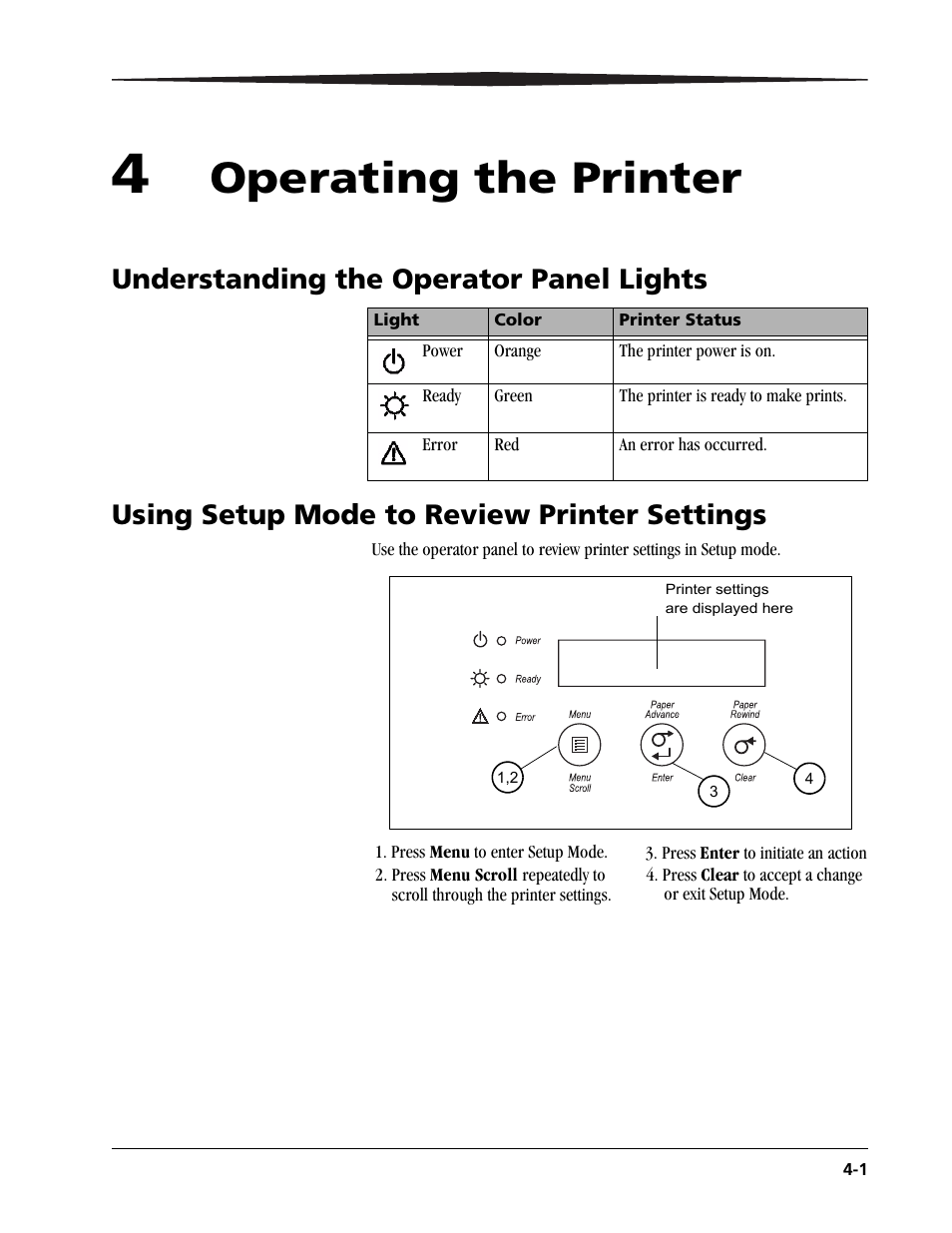 4 operating the printer, Understanding the operator panel lights, Using setup mode to review printer settings | Operating the printer | Kodak 9810 User Manual | Page 35 / 52