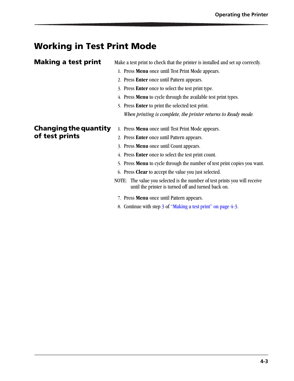 Working in test print mode, Making a test print, Changing the quantity of test prints | Working in test print mode -3, Making a test print -3, Changing the quantity of test prints -3, Print mode. see, Making a test, Print | Kodak 9810 User Manual | Page 37 / 52