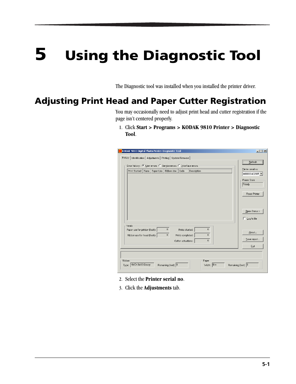 5 using the diagnostic tool, Adjusting print head and paper cutter registration, Using the diagnostic tool | Kodak 9810 User Manual | Page 39 / 52