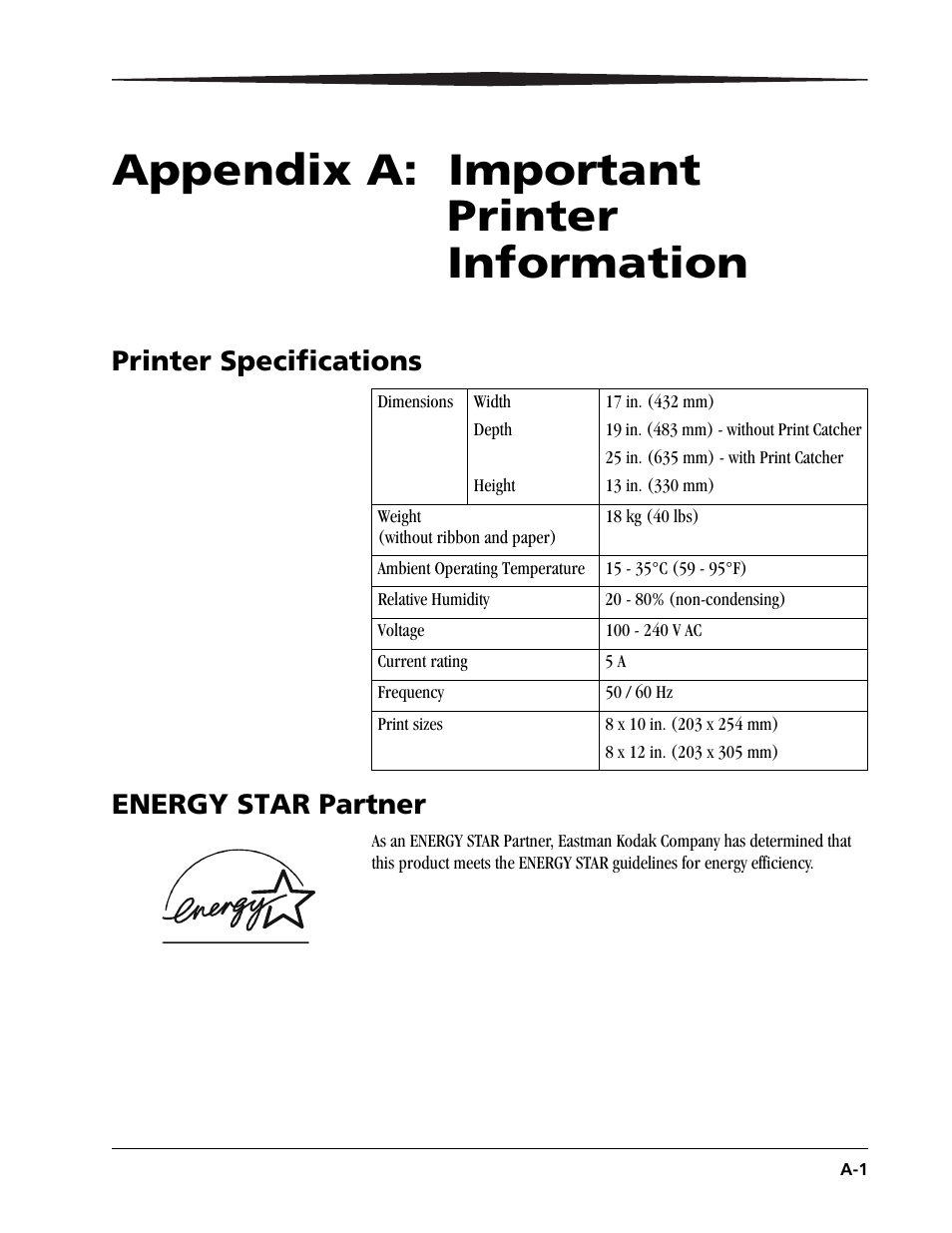 Printer specifications, Energy star partner, Appendix a: important printer information | Printer specifications energy star partner | Kodak 9810 User Manual | Page 45 / 52