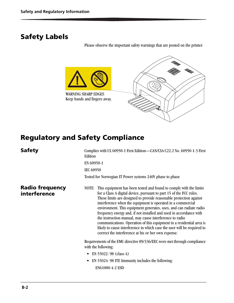 Safety labels, Regulatory and safety compliance, Safety | Radio frequency interference | Kodak 9810 User Manual | Page 48 / 52