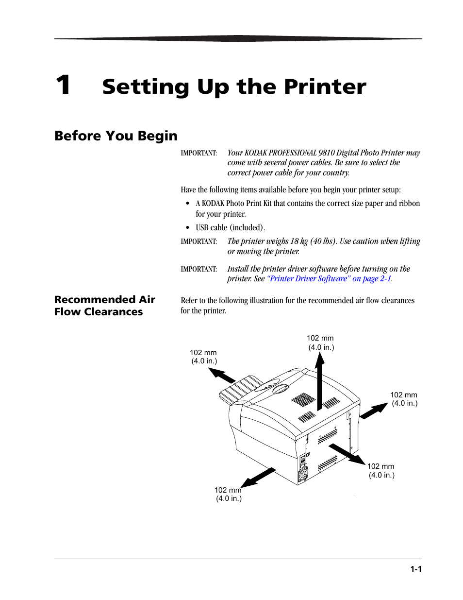 1 setting up the printer, Before you begin, Recommended air flow clearances | Before you begin -1, Recommended air flow clearances -1, Setting up the printer | Kodak 9810 User Manual | Page 5 / 52