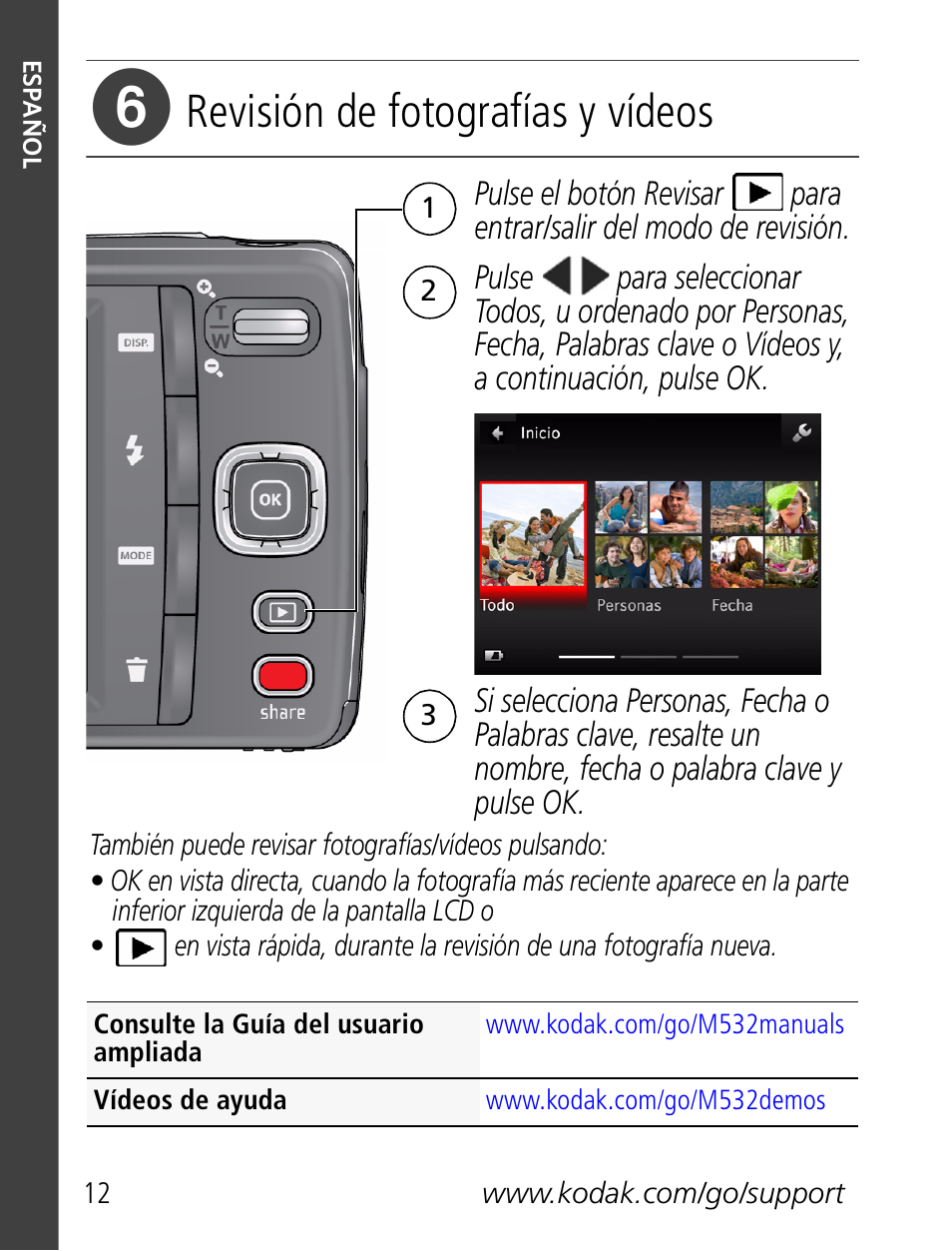 Revisión de fotografías y vídeos | Kodak M532 User Manual | Page 12 / 28